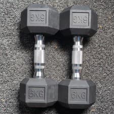 6kg Pair Hex Dumbbells Black Rubber & Silver Metal, Knurled Grip (2)