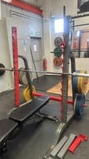 commercial squat/bench rack with multiple bar hook heights and plate-storage